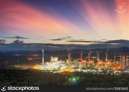 Aerial view of coal-fired power plants in a large area The machine is working to generate electricity. Beautiful evening sky, Mae Moh, Lampang Province, Thailand.. Aerial view of coal-fired power plants.