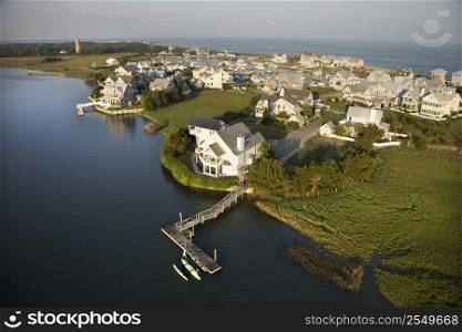 Aerial view of coastal residential community on Bald Head Island, North Carolina.