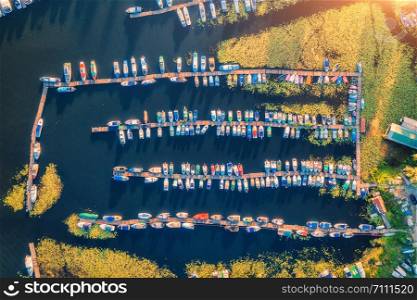Aerial view of colorful boats and yachts on the sea at sunset in summer. Landscape with pier, motorboats and sailboats, yellow water lilies, lake with blue water. Top view of harbor. Transport