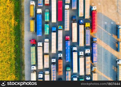 Aerial view of colorful trucks in terminal at sunset in summer. Top view of logistic center. Heavy industry. Transportation. Cargo transport, shipping. International trucking. View from drone of truck