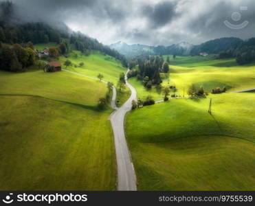 Aerial view of country road in green alpine meadows in overcast autumn day. Top view of rural road, mountains in low clouds. Dramatic landscape with hills, fields, green grass, trees in fog. Slovenia 