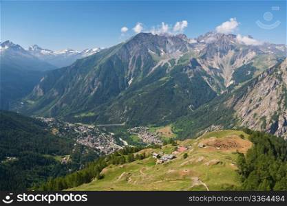 aerial view of Courmayeur, famous little town in Aosta Valley