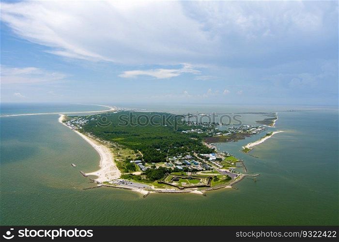 Aerial view of Dauphin Island, Alabama in June. Dauphin Island, Alabama