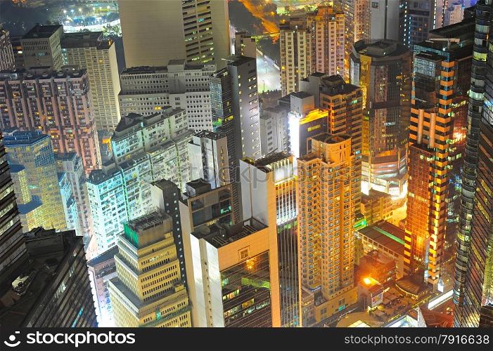 Aerial view of density Hong Kong city center at night