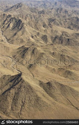 Aerial view of desert mountains.