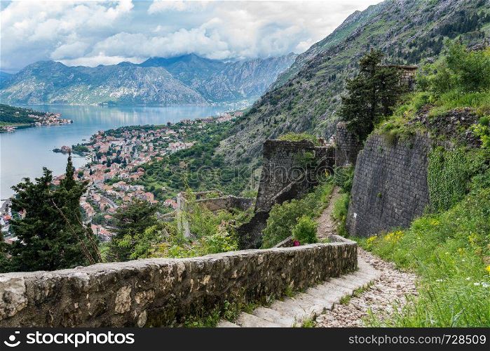 Aerial view of Dobrota and Kotor from hike to Fortress. View from above Old Town of Kotor in Montenegro
