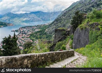 Aerial view of Dobrota and Kotor from hike to Fortress. View from above Old Town of Kotor in Montenegro