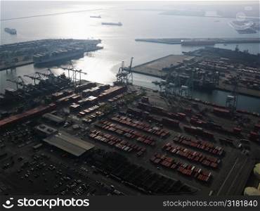 Aerial view of dock with cargo containers for shipping in Los Angeles, California.