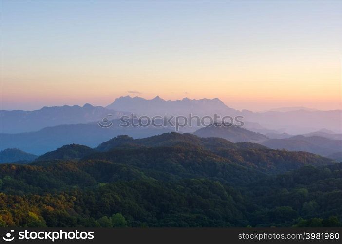 Aerial View of Doi chiang dao mountains in the morning and the sea of mist, Doi Kham Fa. Chiang Mai Province, Thailand. Pink cherry blossom.. Doi Kham Fa.