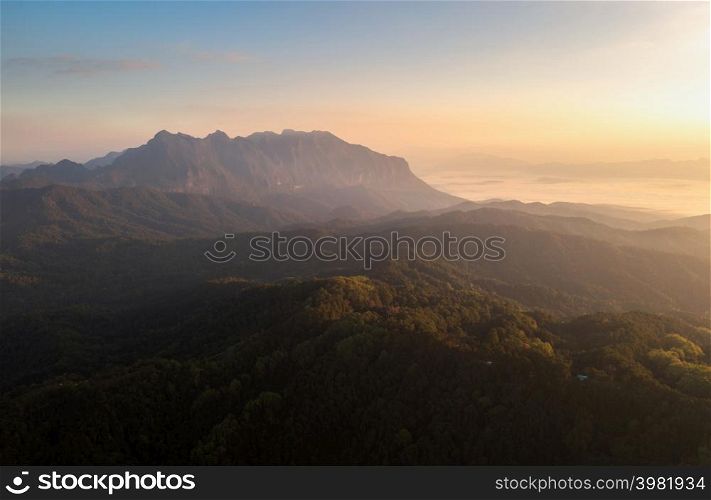 Aerial View of Doi Luang Chiang Dao Mountains in the morning and the sea of mist, Doi Mae Taman, San Pa Kia. Chiang Mai Province, Thailand. Camping.. Doi Mae Taman.