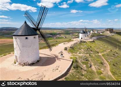 Aerial view of Don Quixote windmills in Consuegra, Toledo, Spain. High quality photography. . Aerial view of Don Quixote windmills in Consuegra, Toledo, Spain. High quality photography