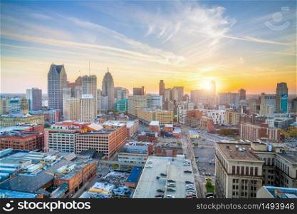 Aerial view of downtown Detroit at sunset in Michigan, USA