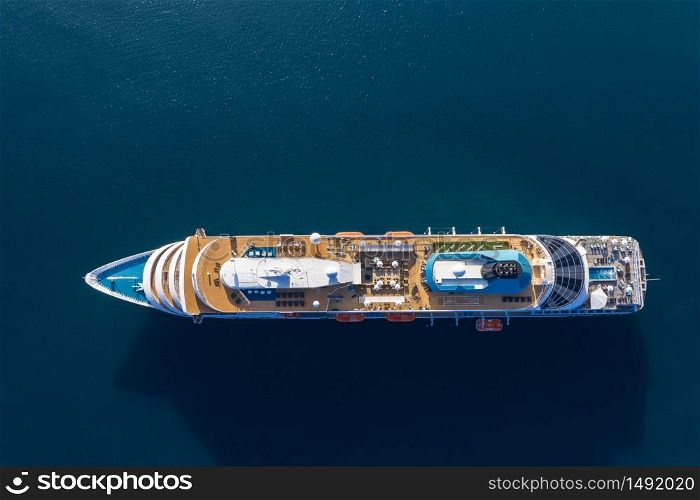 Aerial view of drone to passenger ship in sea