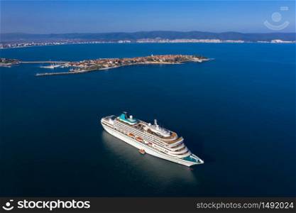 Aerial view of drone to passenger ship in sea