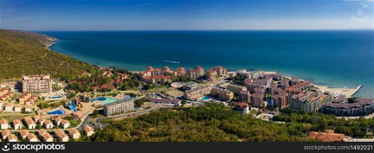 Aerial view of drone to sea resort Elenite on the Bulgarian Black Sea coast