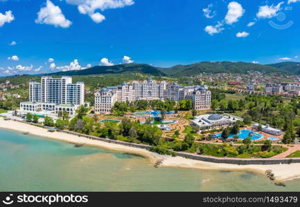 Aerial view of drone to the sea resort Sunny Beach on the Bulgarian Blak Sea coast