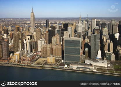 Aerial view of East River and Midtown Manhattan Buildings in New York City.