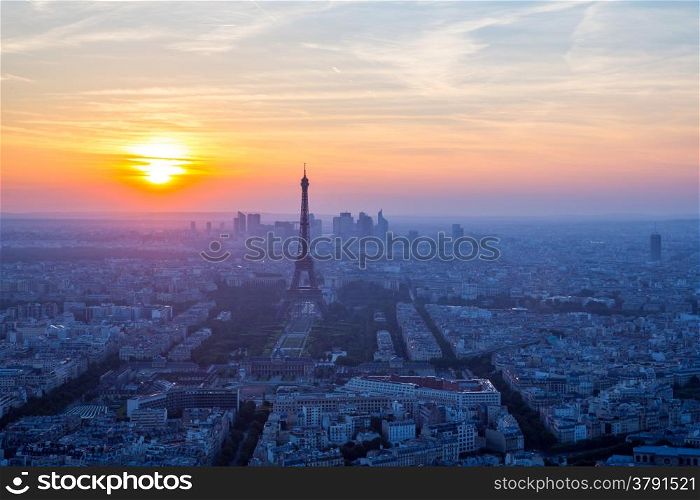 Aerial view of Eiffel Tower sunset, Paris France