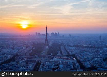Aerial view of Eiffel Tower sunset, Paris France