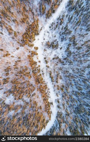 Aerial view of empty snowy country road in winter forest