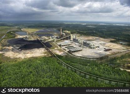 Aerial view of factory with coal in Mississippi.