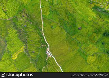 Aerial view of Fansipan mountain hills valley on summer with paddy rice terraces, green agricultural fields in rural area in travel trip and holidays vacation concept, Sapa, Vietnam. Nature landscape.