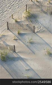 Aerial view of fences and marram grass on beach of Bald Head Island, North Carolina.