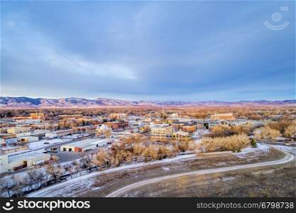 aerial view of Fort Collins downtown, Poudre River and a bike trail, cold morning winter scenery