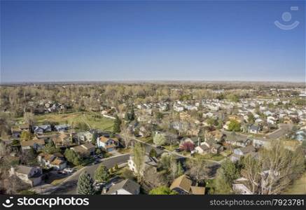 aerial view of Fort Collins residential area, typical along Colorado Front Range, early spring (April) scenery