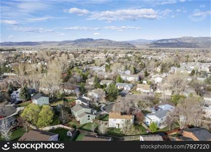 aerial view of Fort Collins residential area, typical along Colorado Front Range, early spring (April) scenery