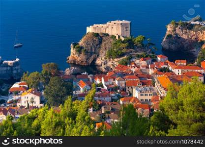 Aerial view of Fort Lovrijenac or St Lawrence Fortress, often called Dubrovnik s Gibraltar in the morning, Dubrovnik, Croatia. Old Town of Dubrovnik, Croatia