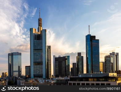 Aerial view of Frankfurt with Hauptwachen at sunset