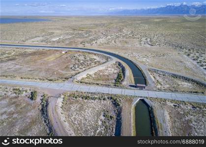 Aerial view of Franklin Eddy Canal part of the Closed Basin Project to extract groundwater in San Louis Valley (Colorado) and deliver to Rio Grande River