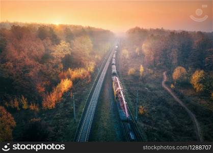 Aerial view of freight train in beautiful forest in fog at sunset in autumn. Colorful landscape with railroad, foggy trees, trail and orange sky. Top view of moving train in fall. Railway station