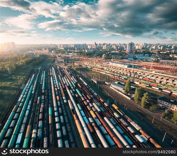 Aerial view of freight trains at sunset. Colorful railway cargo wagons on railroad. Top view of colorful wagons, city, blue sky with clouds. Depot of freight trains. Railway station. Transportation