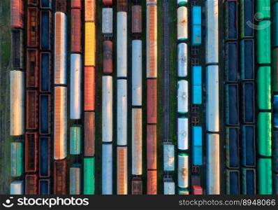 Aerial view of freight trains at sunset. Colorful railway cargo wagons with goods on railroad. Drone view of colorful wagons. Depot of freight trains. Railway station. Heavy industry. Transportation. Aerial view of freight trains at sunset. Top view