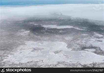 Aerial view of frozen tundra landscape, Churchill, Manitoba, Canada