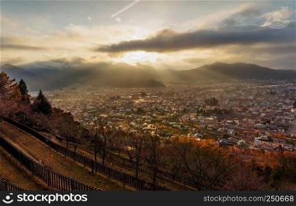 Aerial view of Fujikawaguchiko, Yamanashi at sunset. Urban city, Japan. Landscape with architecture buildings with sunlight