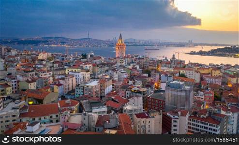 Aerial view of Galata tower and Istanbul city in Turkey.