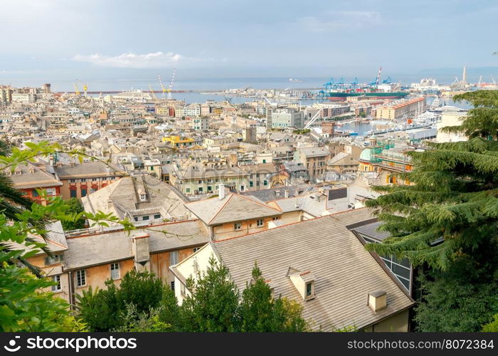 Aerial view of Genoa from the top the hill.. Genoa. Aerial view of the city from the observation deck Belvedere Luigi Montaldo.