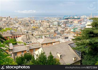 Aerial view of Genoa from the top the hill.. Genoa. Aerial view of the city from the observation deck Belvedere Luigi Montaldo.