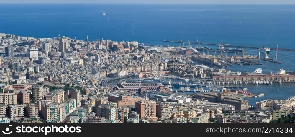 Aerial view of Genova, Italy with the old town and port