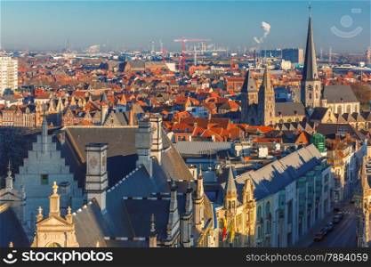 Aerial view of Ghent from Belfry - beautiful medieval buildings of the Old Town, Belgium.