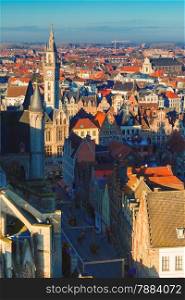 Aerial view of Ghent from Belfry - beautiful medieval buildings of the Old Town, Belgium.