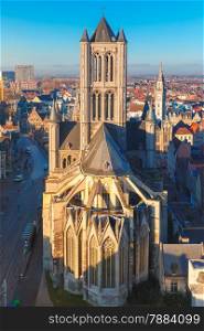 Aerial view of Ghent from Belfry - Saint Nicholas&#39; Church of the Old Town, Belgium.