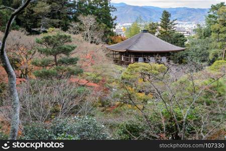 Aerial view of Ginkakuji temple with autumn colors in kyoto, Japan