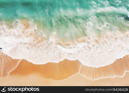 Aerial view of golden sand beach by the sea with emerald green sea water. Summer vacation on tropical paradise beach concept. Ripple of water splash on sandy beach. Summer vibes. Generative AI. 