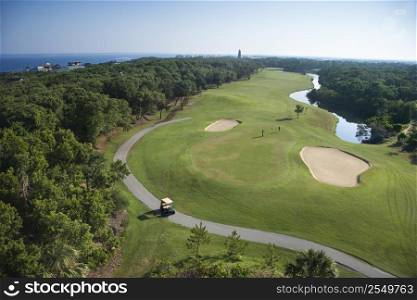 Aerial view of golf course in coastal residential community at Bald Head Island, North Carolina.