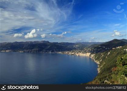 aerial view of Golfo Paradiso with Camogli village, Liguria, Italy