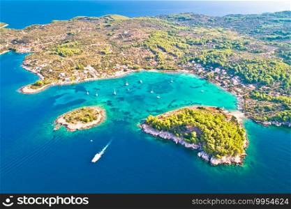 Aerial view of Gradina bay sailing cove on island Korcula, archipelago of Dalmatia, Croatia 